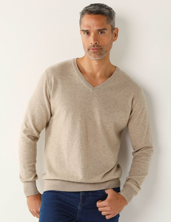 Pull pur coton col V manches longues (taupe chiné) Pull pur coton col V manches longues (taupe chiné)